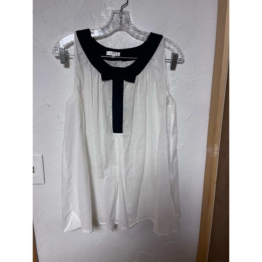 Claudie Pierlot Babar White Cotton Bow‎ Sleeveless Blouse Top Black Trim Size 2